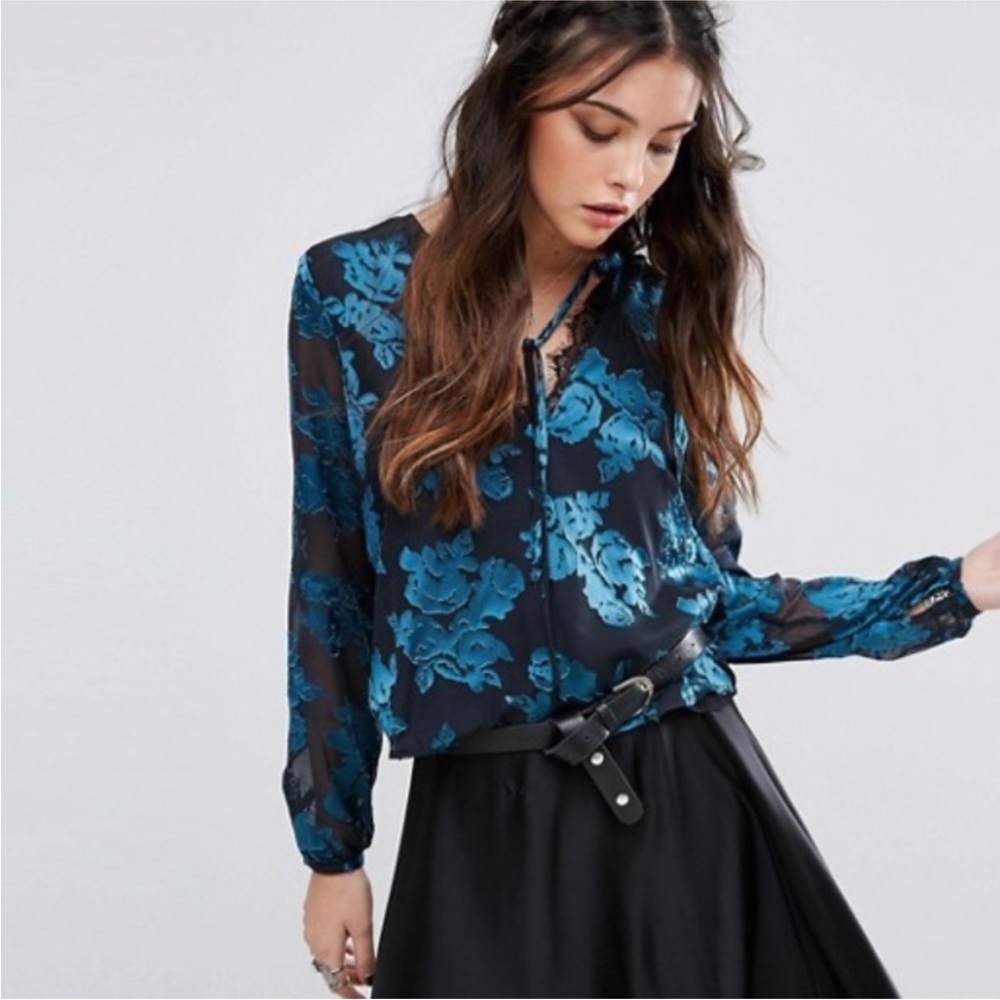 Lovers + Friends Sheer Floral Blouse Black Lace